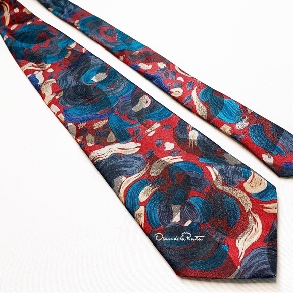 Oscar de La Renta Studio Neckwear Floral Abstract Red/Blue Design Tie - Picture 1 of 7